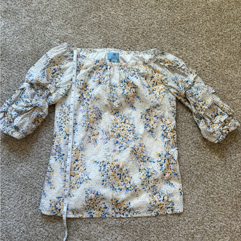 CeCe Eyelet Lined White Floral 3/4 Sleeve Top with Ruffle Arms